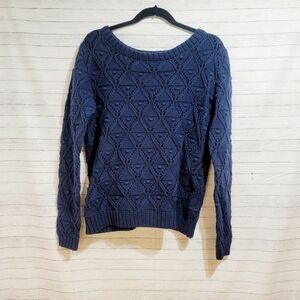 TOMMY HILFIGER NAVY BLUE KNIT SWEATER, w POM POM DESIGN OVER ART DECO, SZ MEDIUM